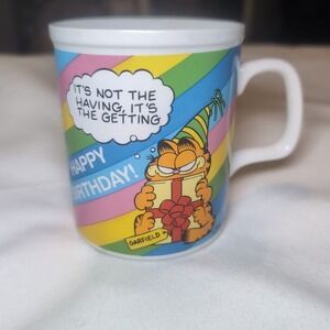 Vintage Garfield 1978 Jim Davis Enesco Happy Birthday Mug Rainbow Stripe
